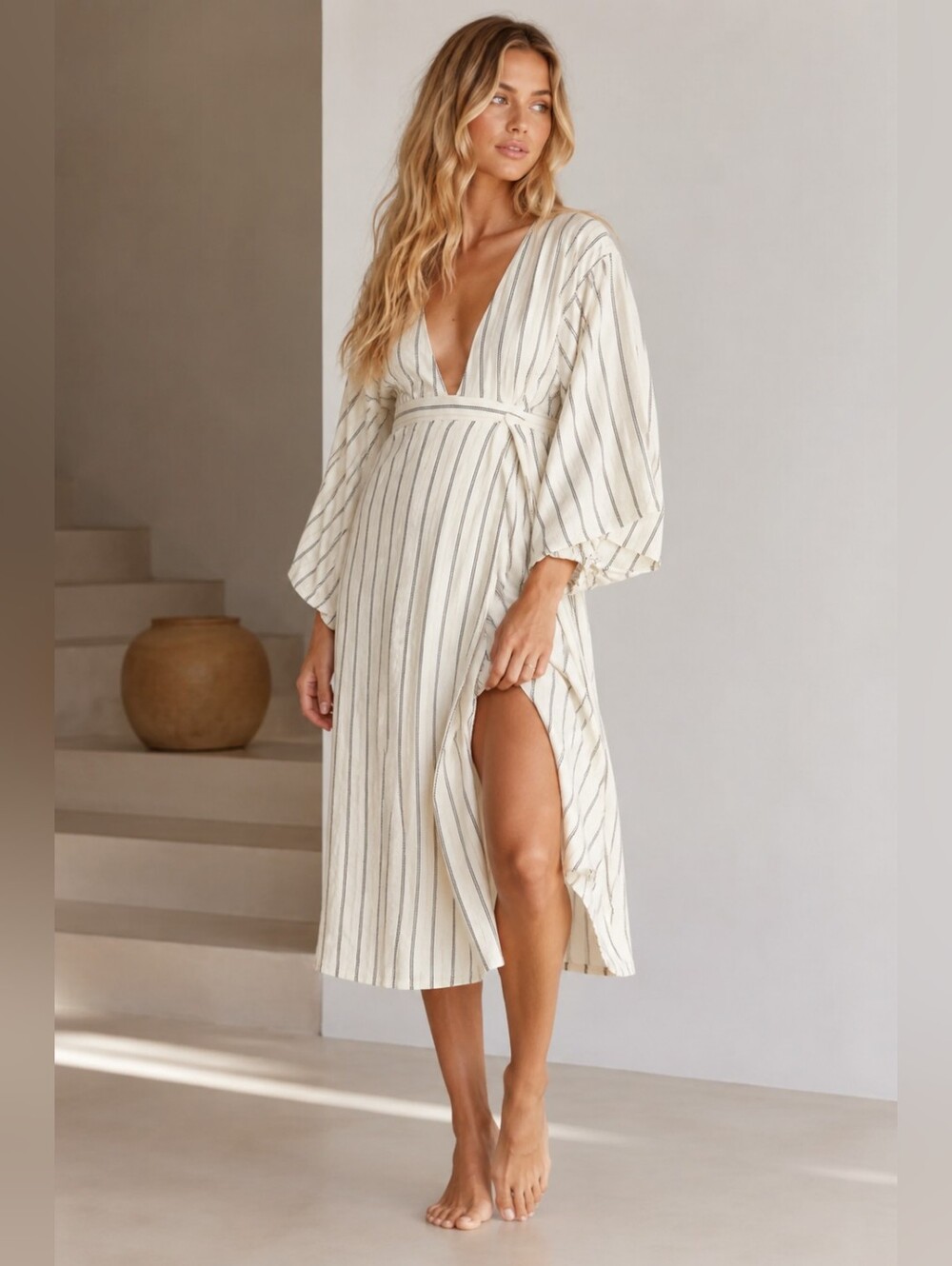 Billabong Robe Life Black & White Striped Kimono Wrap Midi Dress XS